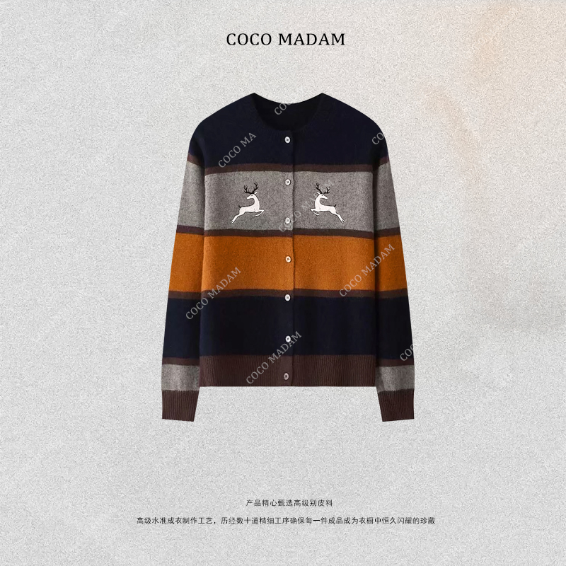 NIUNIU ·T-2023 拼色麋鹿刺绣休闲毛衣长袖开衫针织上衣