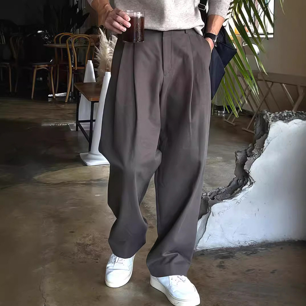 深灰色褶皱西裤男暗扣设计感卡扣长裤休闲百搭西服裤子阔腿西装裤