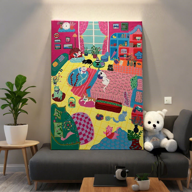 多巴胺卡通装饰画治愈系儿童房背景墙壁画小众艺术玄关电表箱挂画