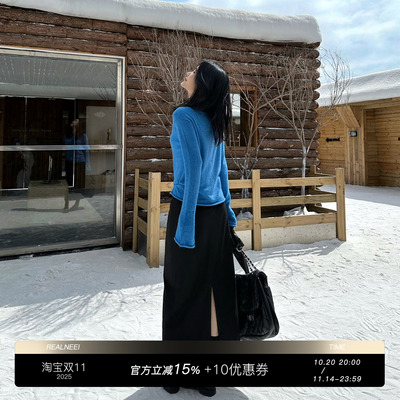 许怡丨克莱因系丨25年秋冬季马海毛美利奴羊毛斜肩蓝色显白针织衫