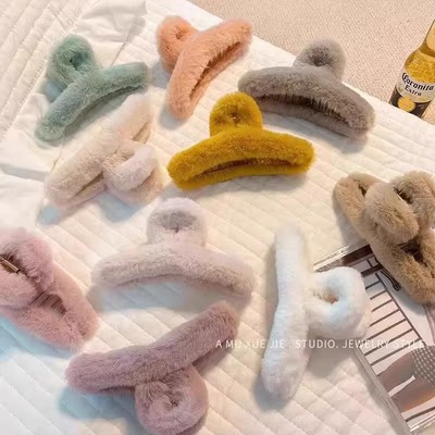 J秋冬超大号毛绒抓夹后脑勺大号发量多气质高级鲨鱼夹发卡毛发夹