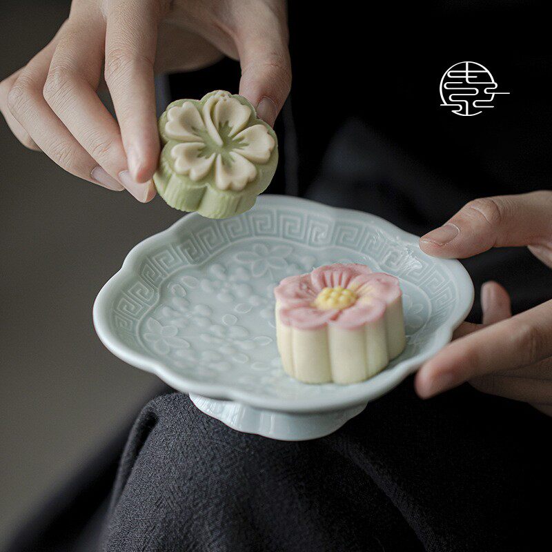 河素山房 高脚中式陶瓷茶点盘小号 家用茶道壶承盘茶食小碟水果盘