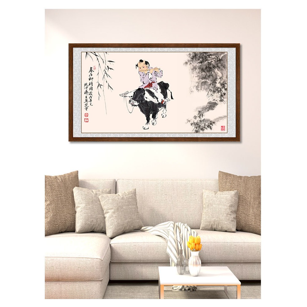 国画牧童春在柳梢头横版山水挂画中式客厅国风牧牛图水墨画装饰画