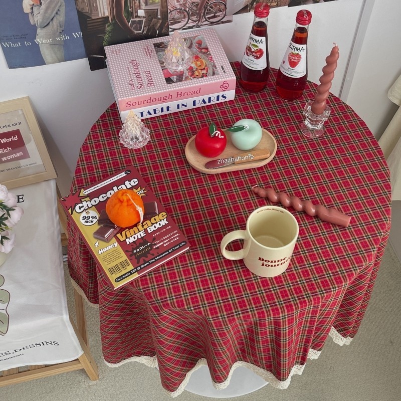 ins同款复古红格子桌布新年红餐桌茶几布野餐布圣诞拍照背景布