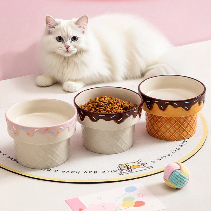 家用陶瓷冰淇淋造型猫碗 高级感酸奶碗猫咪喝水碗 宠物食盆猫粮碗