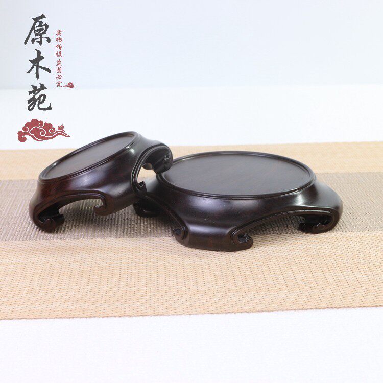 黑檀实木圆形瓷器小花瓶紫砂壶茶杯茶盏摆件文玩玉瓶香炉玉石底座
