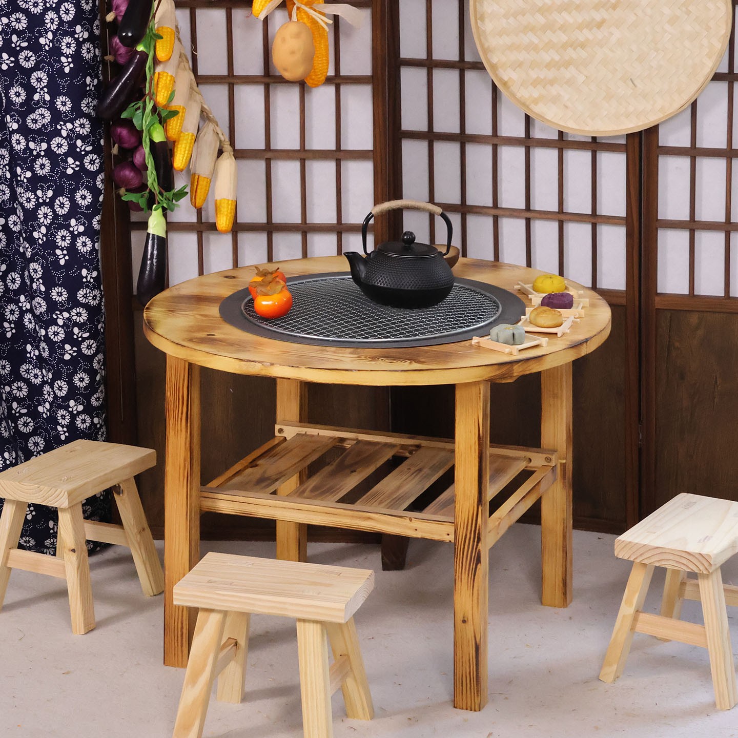 实木围炉圆桌茶桌子茶几家用阳台桌火锅餐桌取暖炭火木碳烤火桌