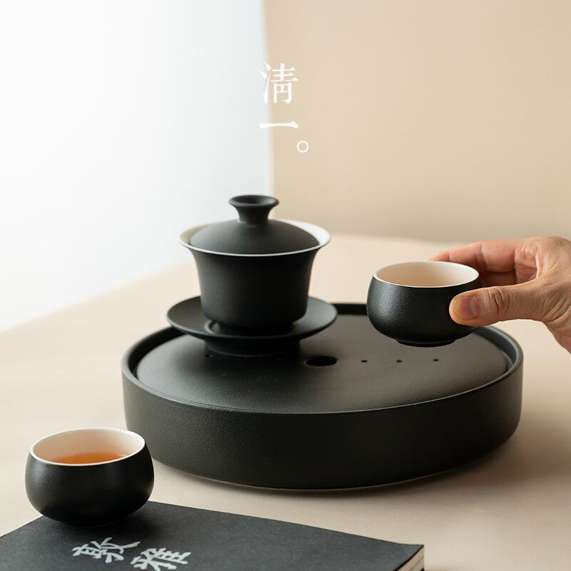 Qing Yi.丨家用禅风黑陶瓷储水泡茶盘干泡台小型简约日式茶台茶海