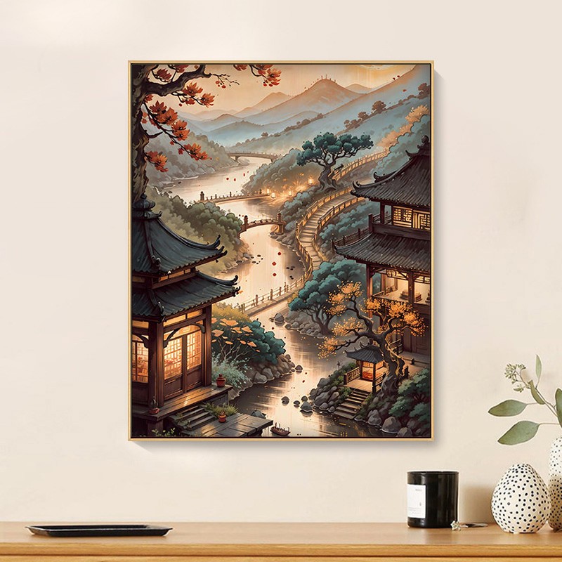 古风建筑数字油画diy手工填充涂色文艺客厅挂画丙烯油彩画