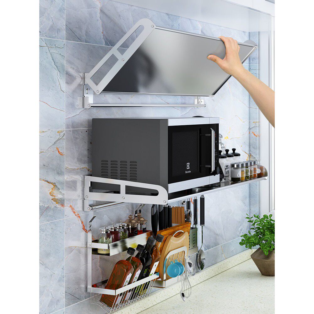 微波炉厨房置物架304不锈钢可折叠壁挂式免打孔电饭锅调料收纳架