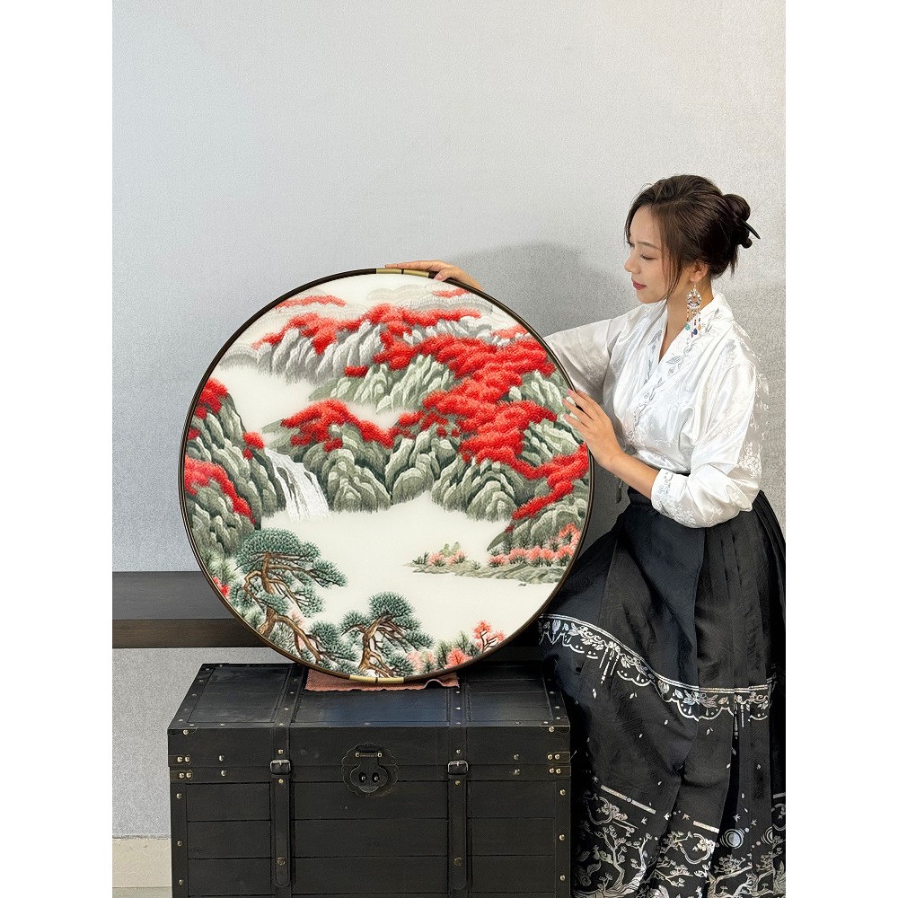80cm圆形苏绣装饰画客厅风景卧室实木框山水刺绣画鸿运当头新中式