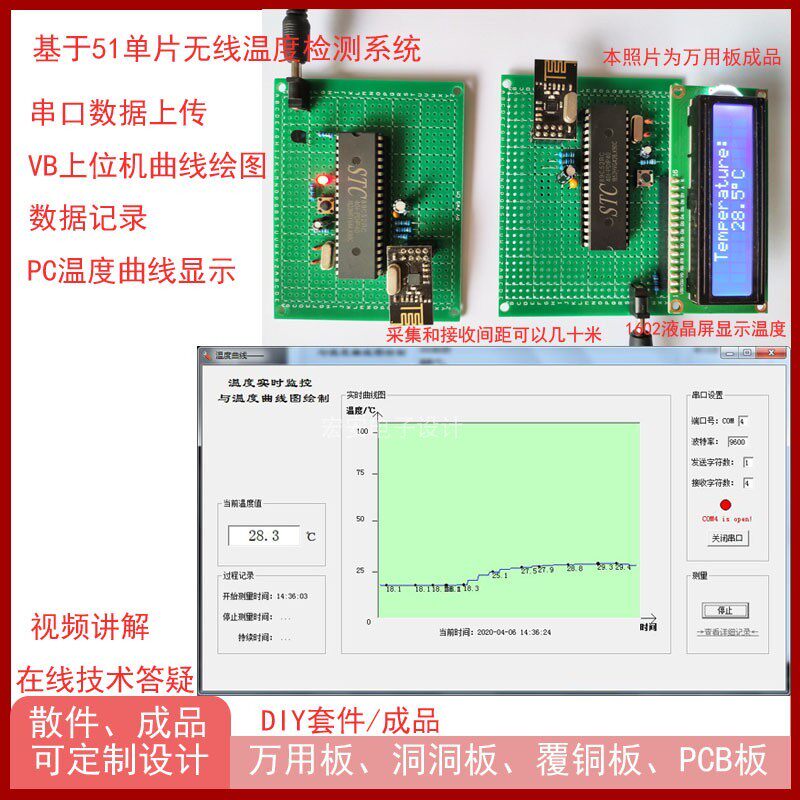 单片机无线温度测量串口上传PC温度曲线上位机程序显示套件成品