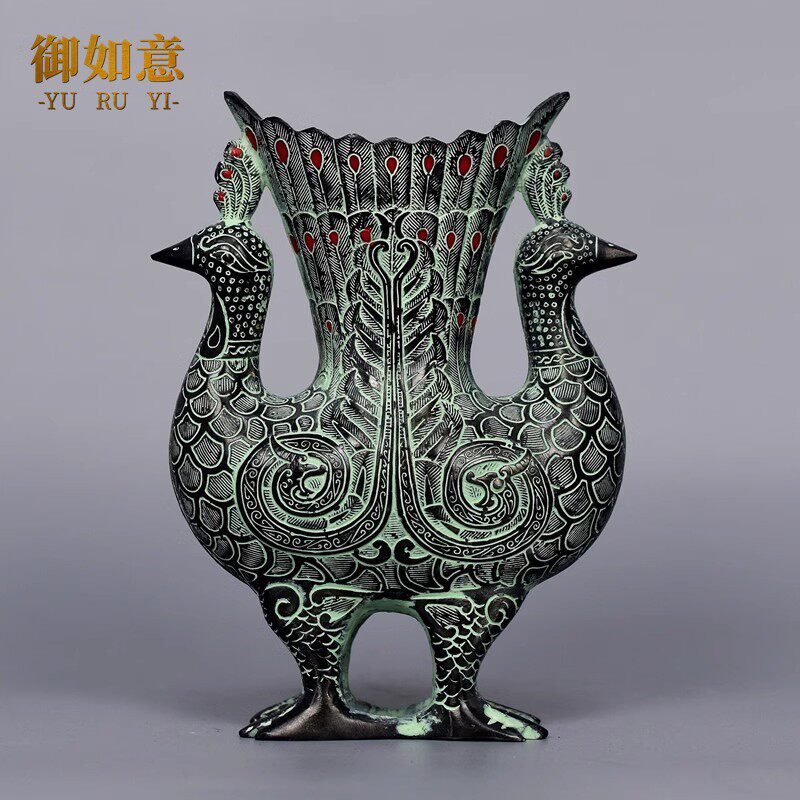 仿古青铜摆件青铜双凤杯酒樽吉祥鸟尊花瓶古玩装饰工艺品花插笔筒