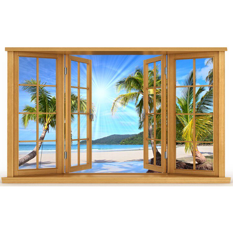 3D卧室仿真木框假窗户贴画 沙滩椰树海景风景客厅宾馆墙贴壁纸画