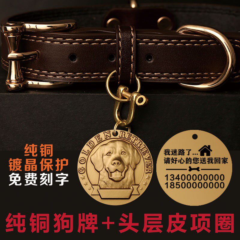 牛皮项圈狗脖圈调节大型犬拉布拉多金毛法斗挂牌狗牌定制刻字防丢