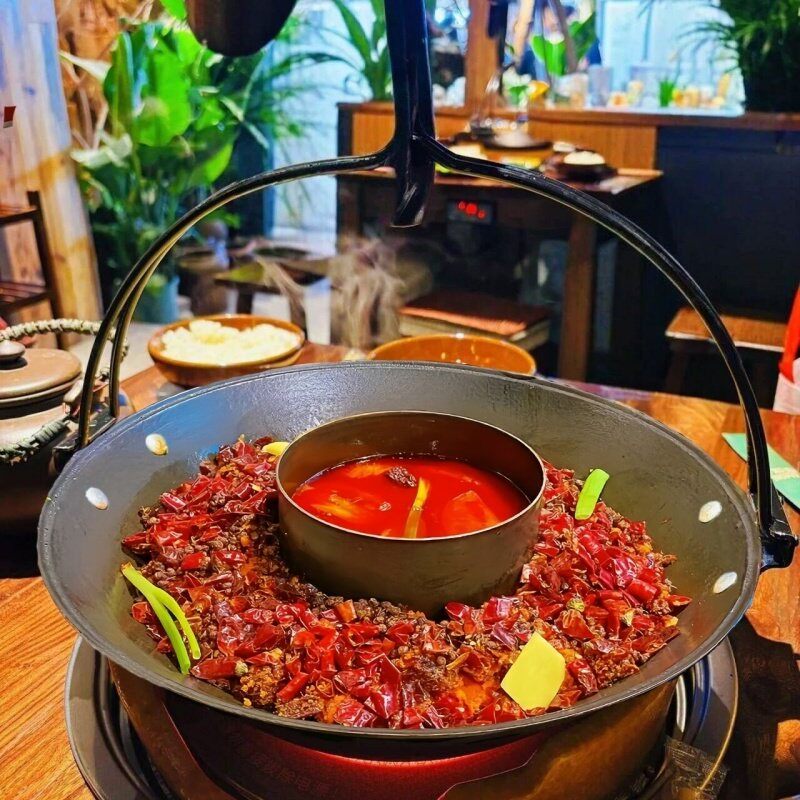 提手子母鸳鸯吊锅火锅生铁老式地摊火锅店锅具圆底地锅鸡干锅铸铁