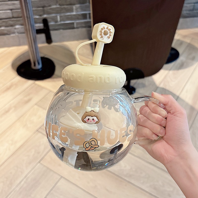可爱花茶玻璃杯大容量办公室女生喝水杯茶水分离带把手吸管大肚杯