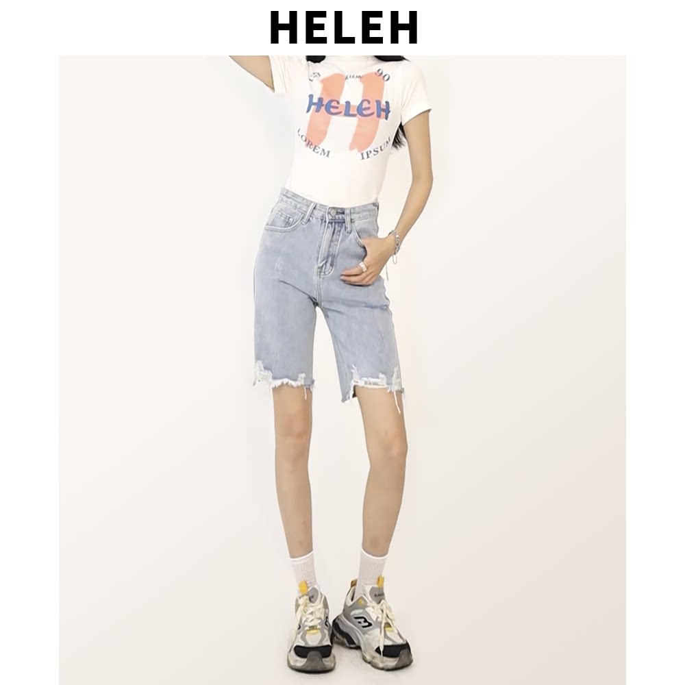 HELEH美式高街破洞毛边牛仔短裤女宽松显瘦显高浅色直筒五分裤潮
