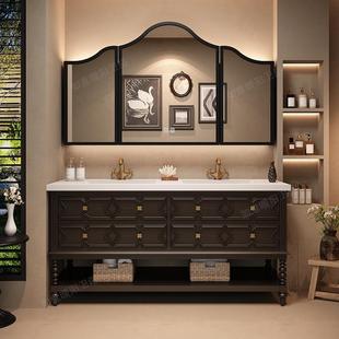 法式复古实木浴室柜组合双台盆落地式岩板无缝陶瓷盆洗漱台洗手盆