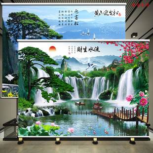 定制山水风景画手拉n升降窗帘卷帘办公室挂画家用客厅卧室遮光拉