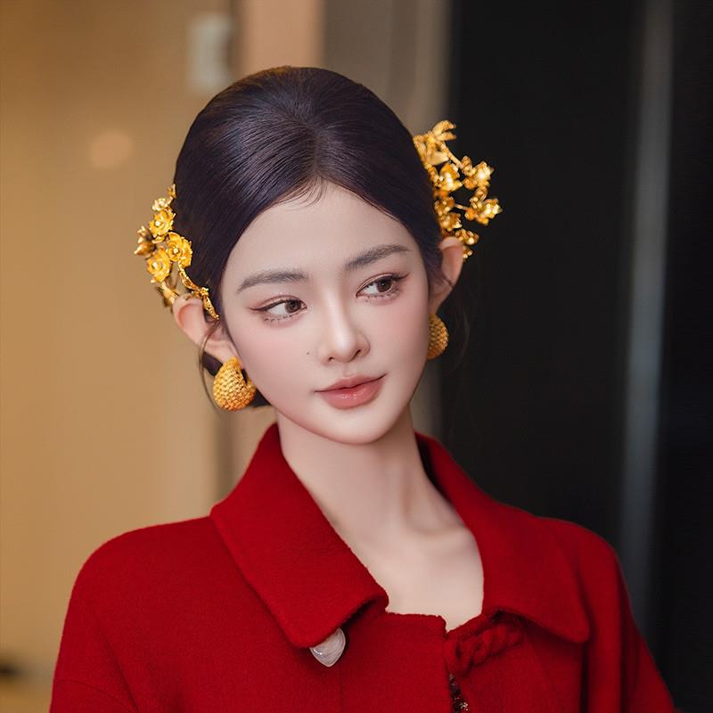 中式秀禾服新娘头饰金色发梳耳环套装盘发礼服敬酒电镀结婚发饰品