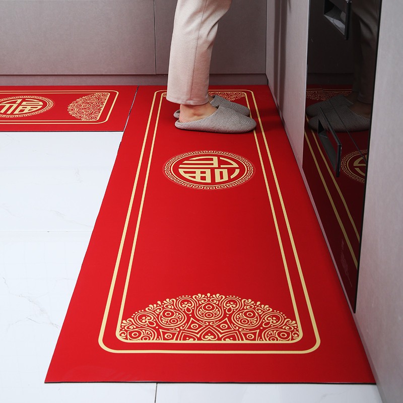 洗藻泥厨房地垫红色中式福字脚垫家用浴室门垫吸水吸油防滑长垫子