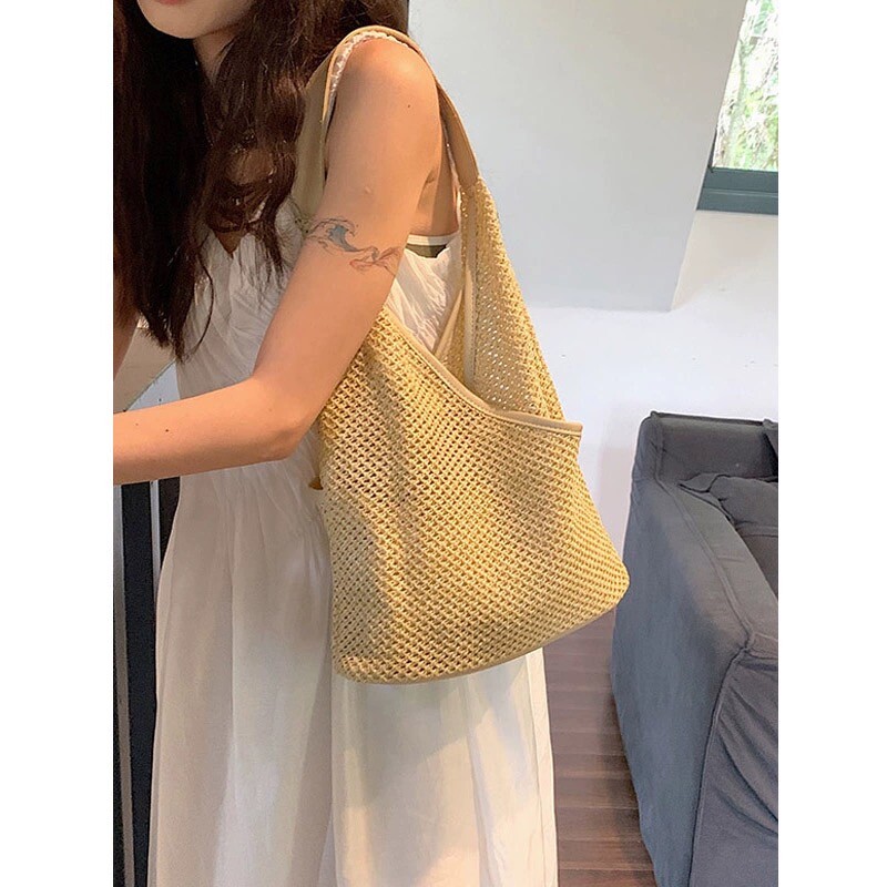 法式草编包女文艺森系编织包包2025新款夏天小清新单肩腋下水桶包