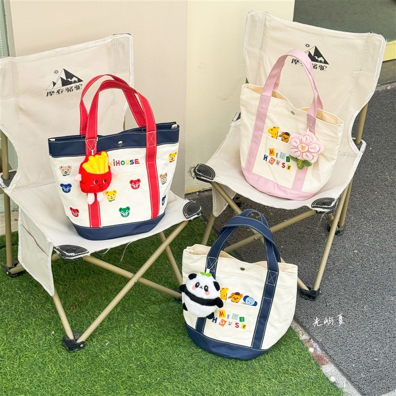 新款女包潮流刺绣miki手提水桶包大容量帆布手拎包宝妈包饭盒包