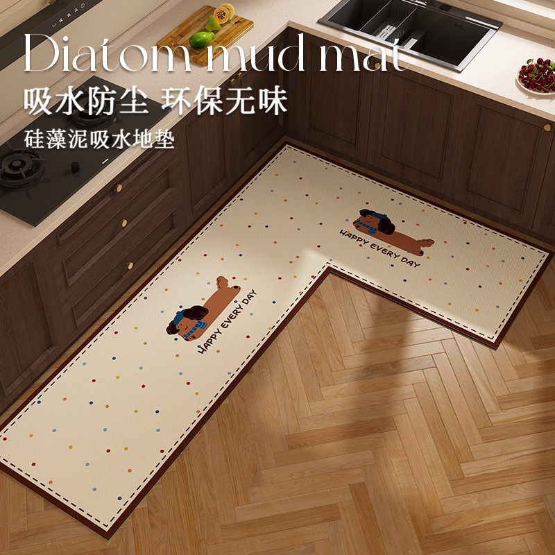 复古卡通厨房地垫L形吸水吸油防滑地毯防油可擦免洗硅藻泥脚垫子