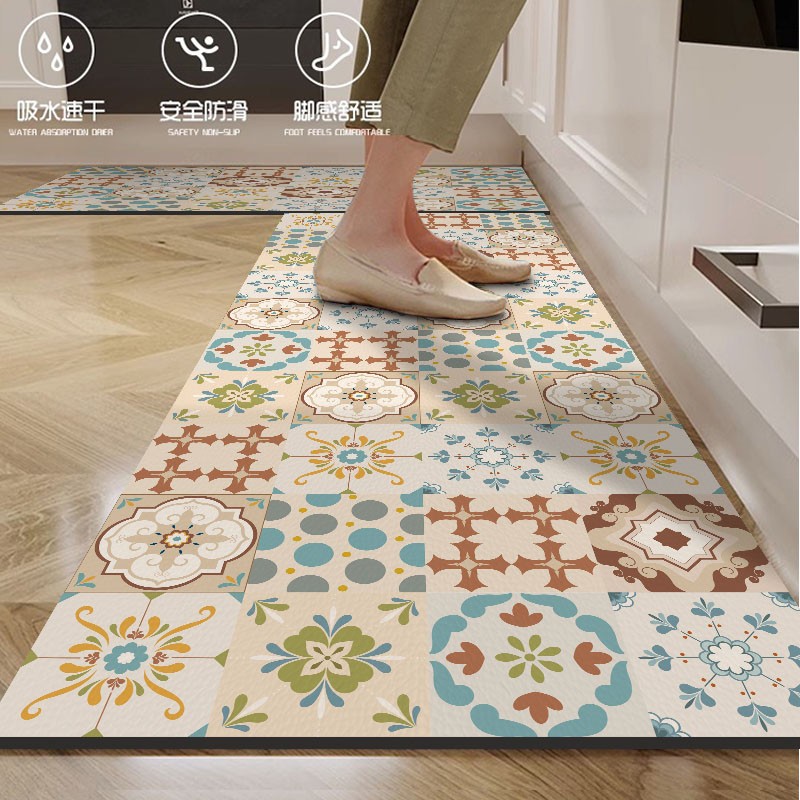 美式复古厨房地垫防滑防油可擦免洗硅藻泥吸水脚垫可裁剪耐脏L形