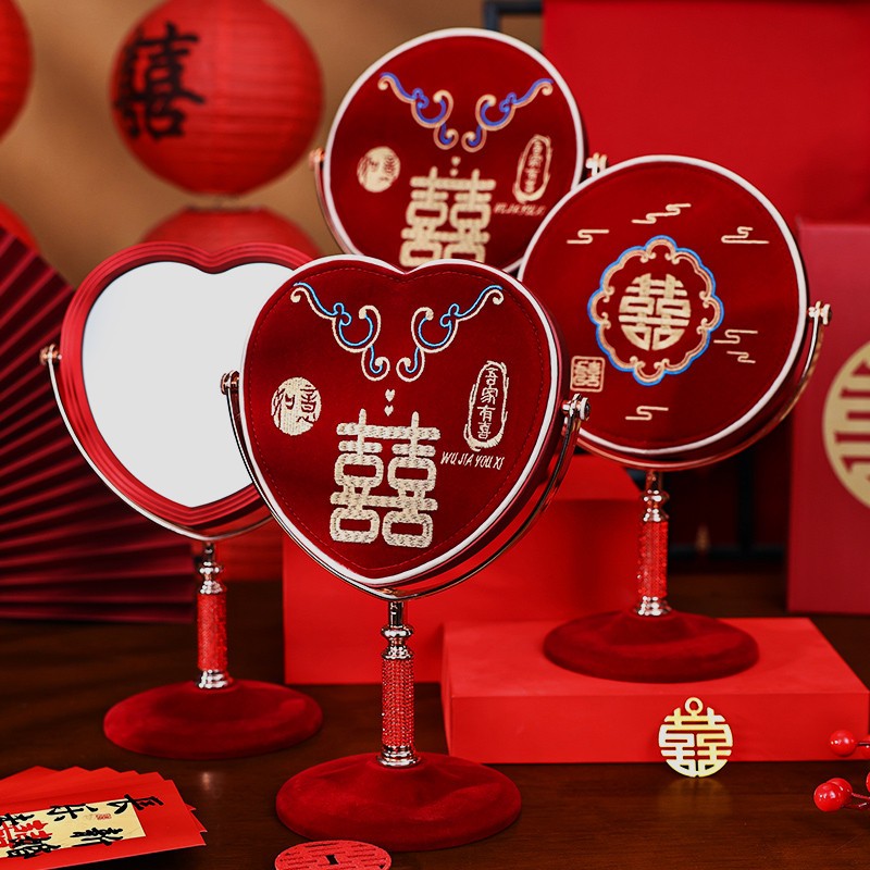 结婚陪嫁喜镜子一对新娘嫁妆红色喜庆出嫁化妆镜备婚婚庆用品大全