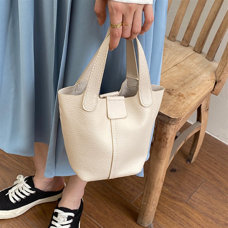 菜篮子女包2023新款潮时尚手拎荔枝纹韩系软皮手提小水桶包女斜挎