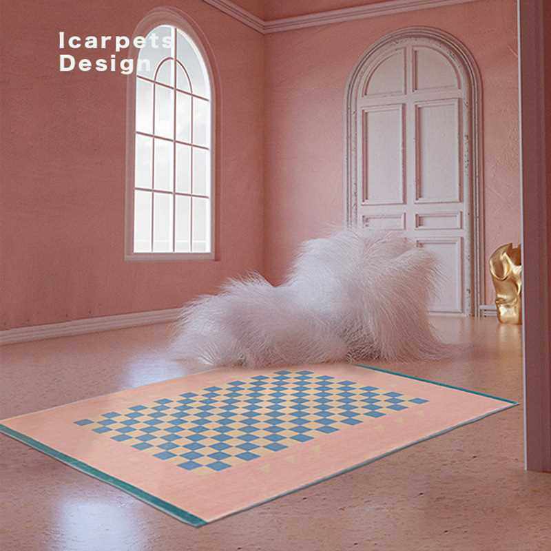 卢森堡防滑垫卧室格吸水装饰羊绒棋盘长方形地毯清洁客厅洗可机北