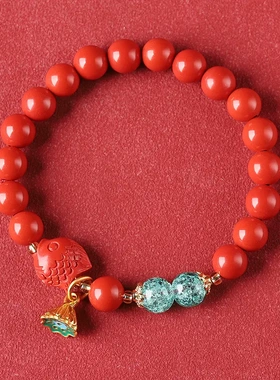 红砂小鱼金莲蓬手链本命年大红色原矿朱砂手串女款