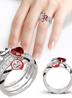 新款万圣节套装戒瓜心形红锆石套戒朋克骷髅男戒