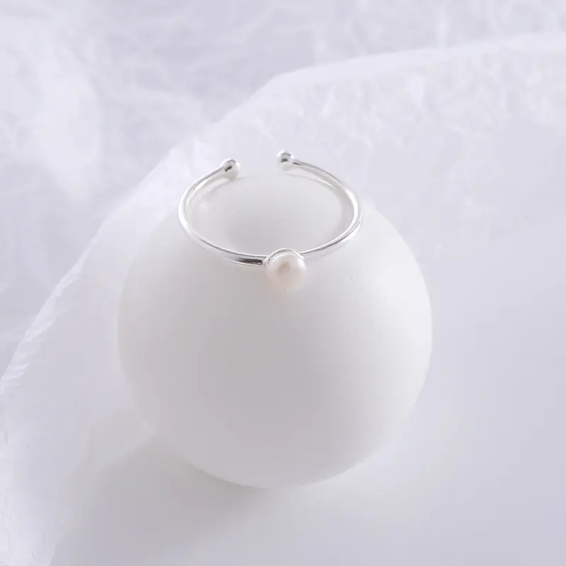 s925纯银韩版珍珠戒指女简约冷淡风个性百搭开口指环新款潮