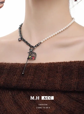 笼中鸟珍珠项链配饰高级感小众新年ins毛衣链独特田园风鲜花吊坠