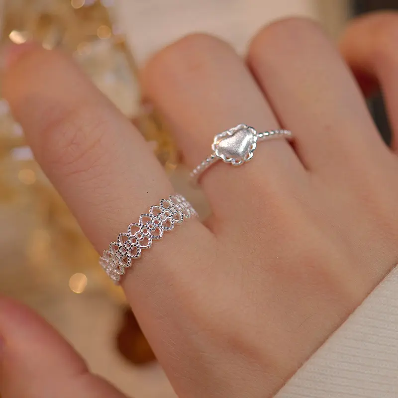 s925银韩系甜美蕾丝爱心戒指女小众轻奢ins风食指环可调节