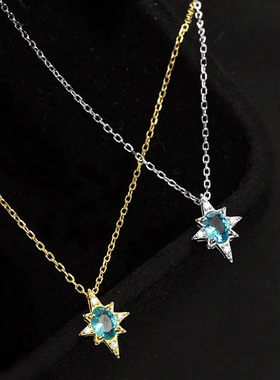 s925银蓝色锆石八芒星吊坠项链女复古轻奢高级感锁骨链配饰