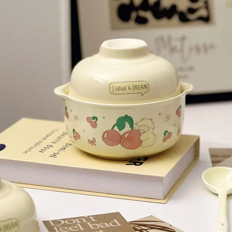 奶fufu陶瓷水果沙拉碗双耳带盖汤碗学生宿舍可爱泡面碗一人食餐具