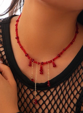 欧美饰品 万圣节滴血水晶流苏项链 哥特风红色串珠锁骨颈链女