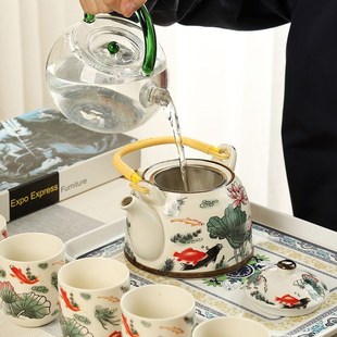 套装 大号茶壶陶瓷青花提梁壶1000毫升容量I家用整套功夫茶盘茶具