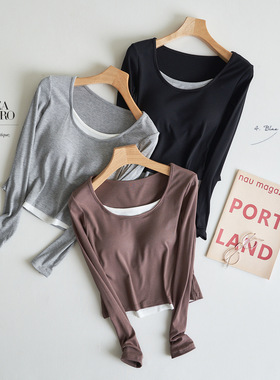 带胸垫免穿文胸假两件长袖T恤女春秋甜美气质小个子修身针织上衣