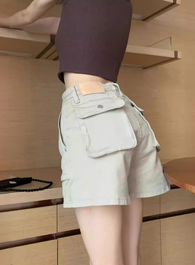 卡其灰色牛仔短裤女夏新款美式复古高腰显瘦宽松直筒阔腿工装热裤