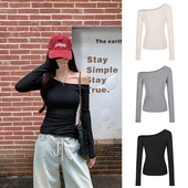 辣妹纯欲风露肩修身 女装 上衣 T恤女2025秋冬新款 跨境掐腰斜领长袖