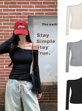 跨境掐腰斜领长袖T恤女2025秋冬新款女装辣妹纯欲风露肩修身上衣