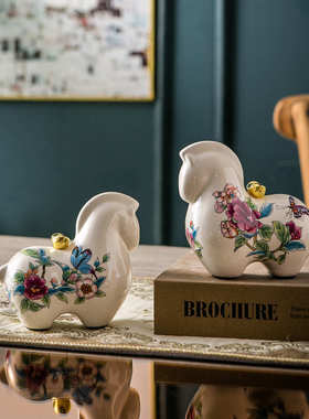 马上有钱青花陶瓷桌面客厅摆件新中式创意电视柜办公装饰乔迁礼品