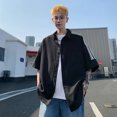 fzso短袖衬衫男女情侣夏季寸衫宽松休闲三条杠百搭翻领衬衣外套