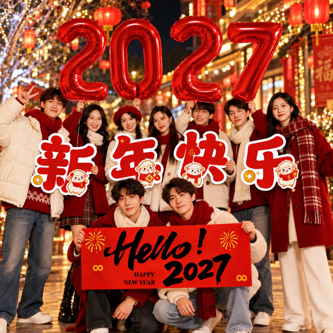 2027新年家里手举牌布置拍照道具装饰品春节跨年羊年过年气球数字