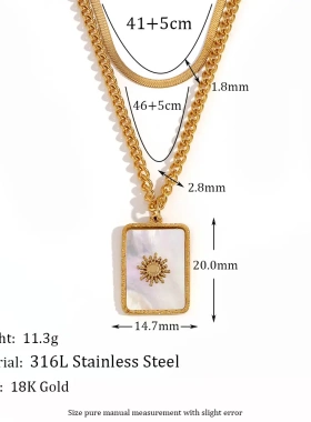 欧美时尚小众个性项坠不锈钢18k双层刀片链扭链方形贝壳太阳项链